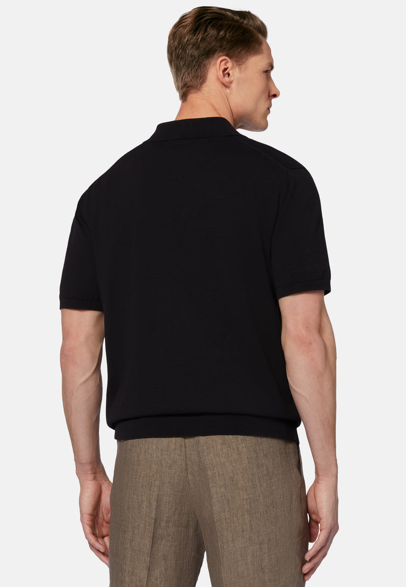Black Cotton Crepe Knit Polo Shirt