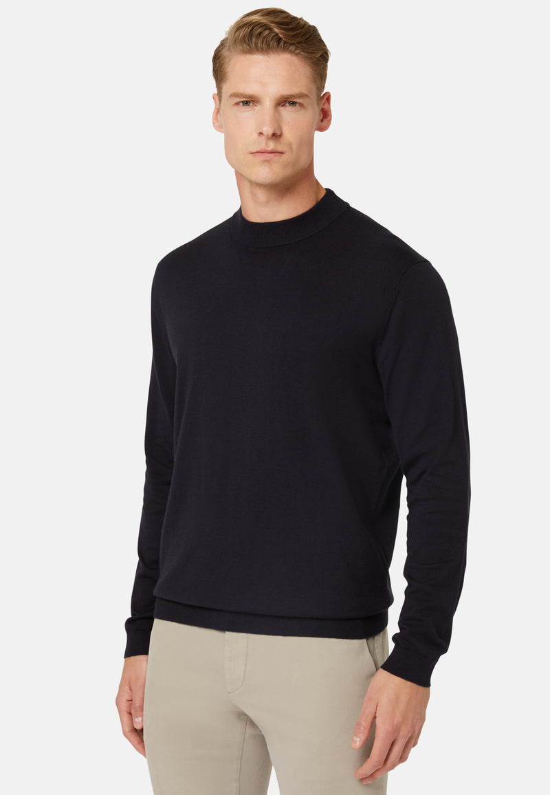 Navy Turtleneck Pullover in Cotton Silk