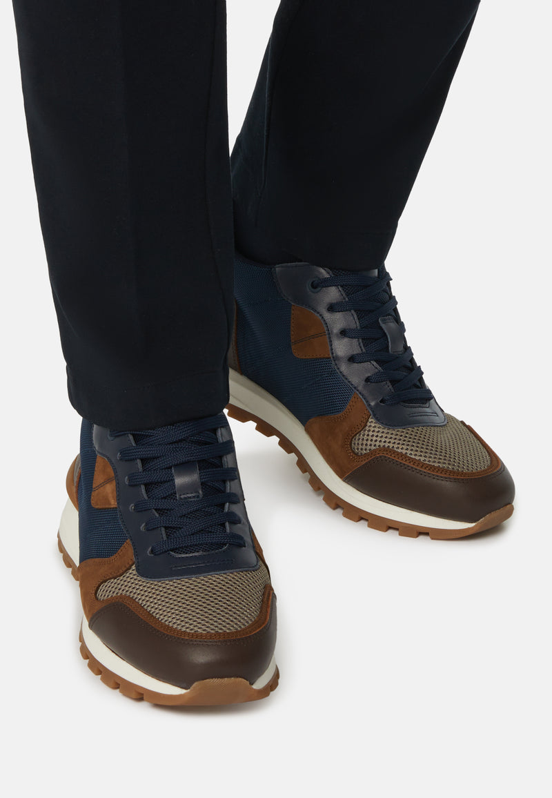Navy Blue Trainers In Leather And Technical Fabric