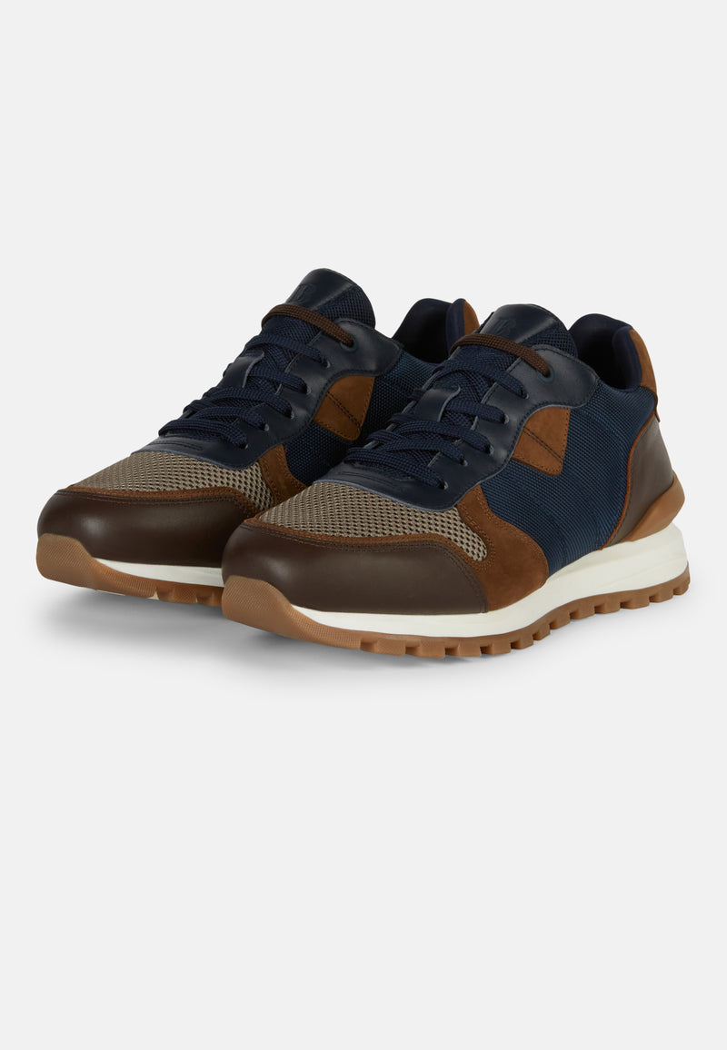 Navy Blue Trainers In Leather And Technical Fabric