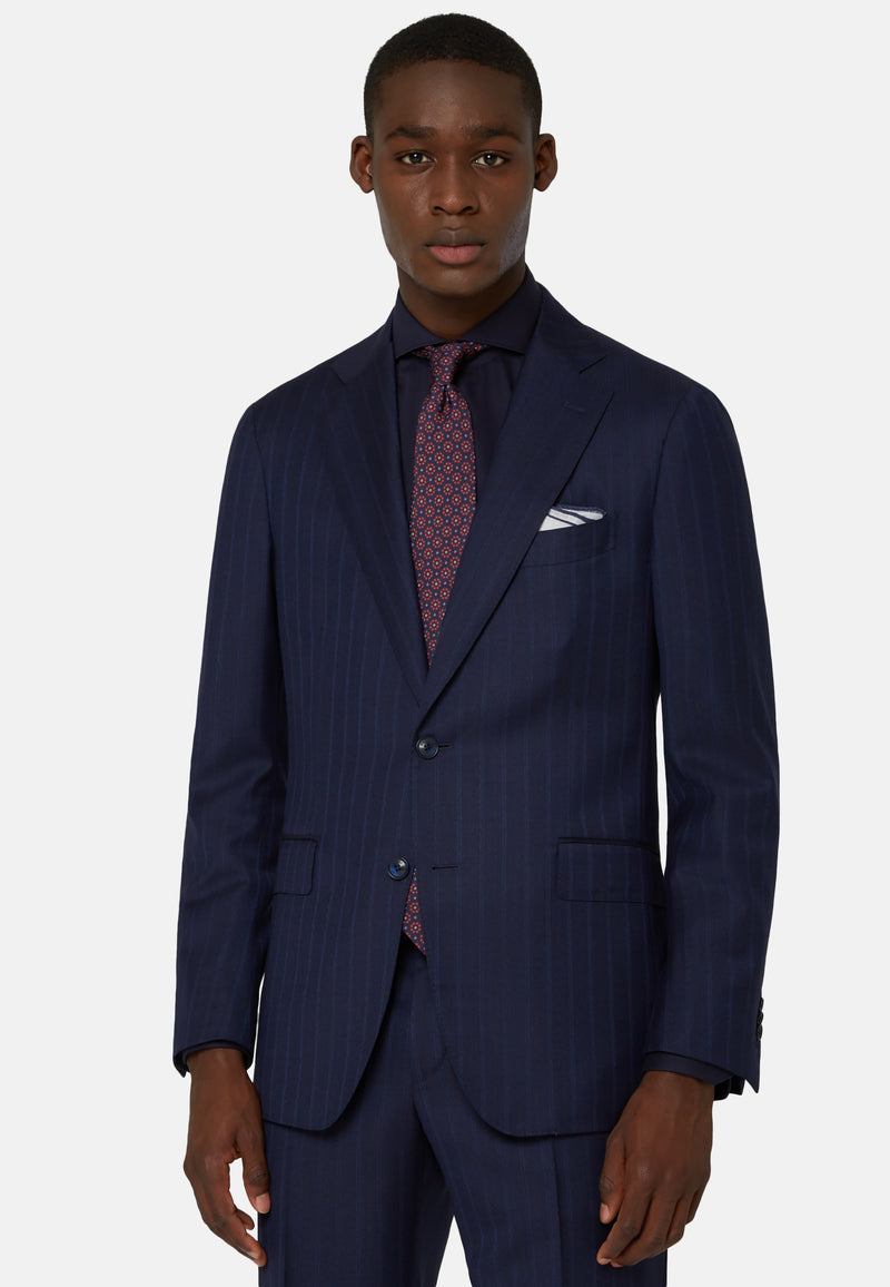 Navy Blue Pinstripe Suit in Super 130 Wool