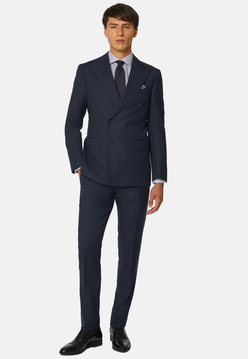 Blue Double-Breasted Micro-Textured Suit In Wool