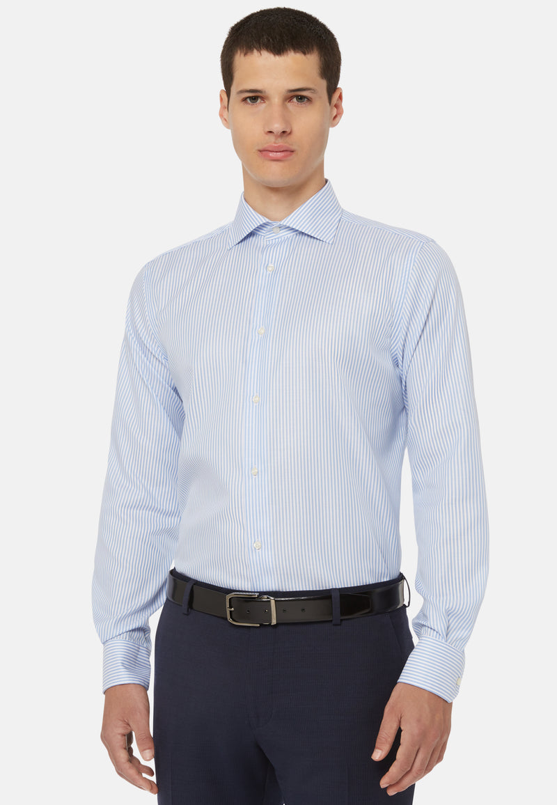Sky Blue Striped Cotton Twill Shirt Regular Fit