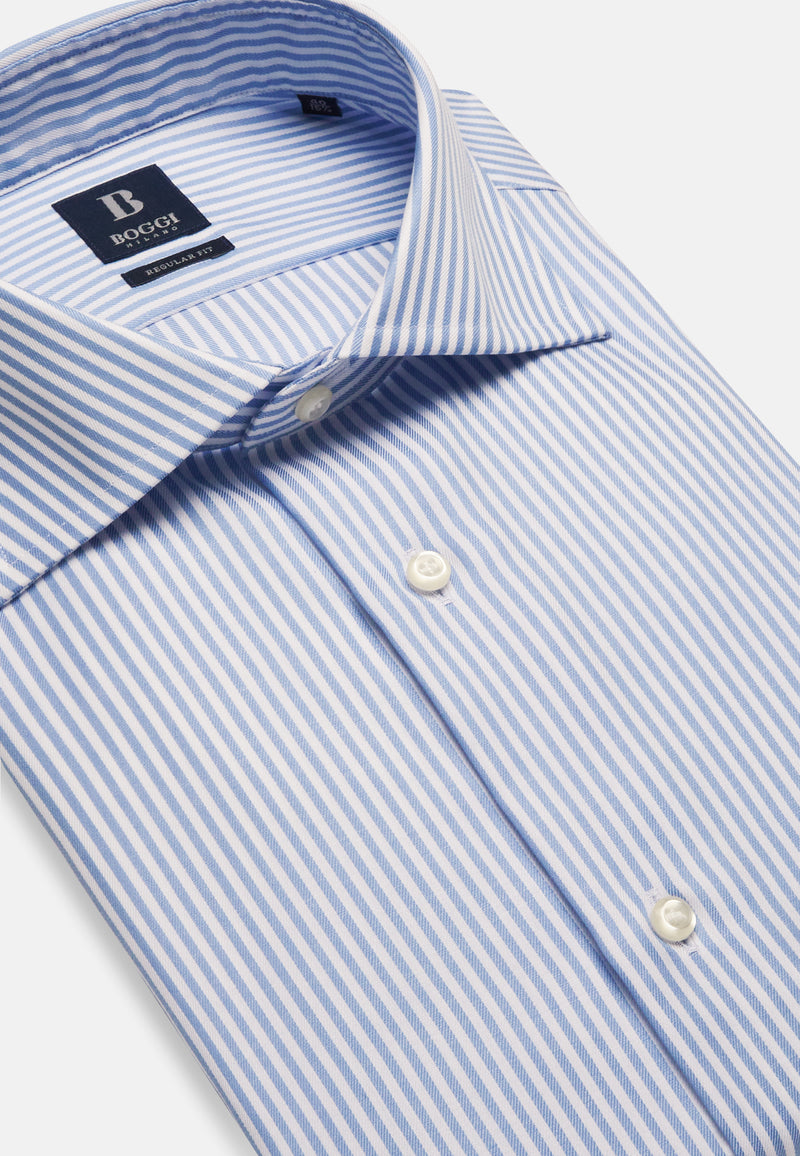 Sky Blue Striped Cotton Twill Shirt Regular Fit