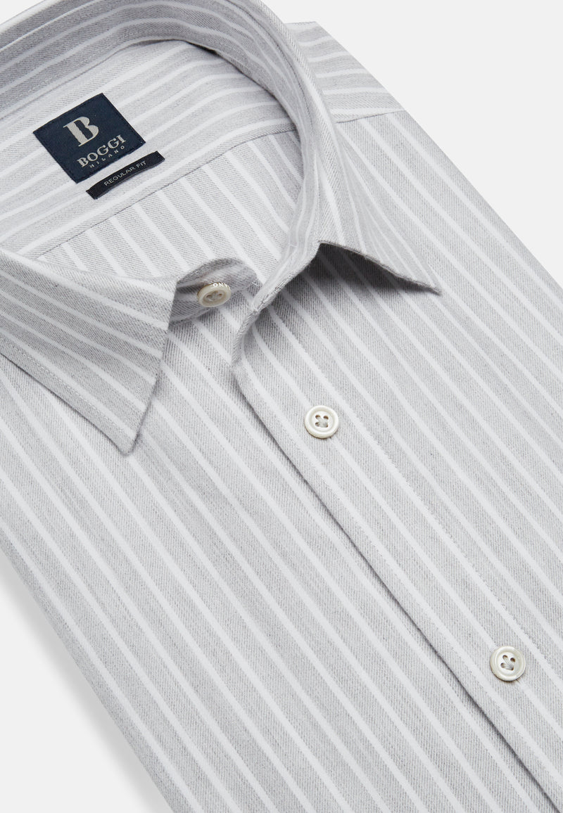 Grey Striped Cotton Tencel Shirt Regular Fit