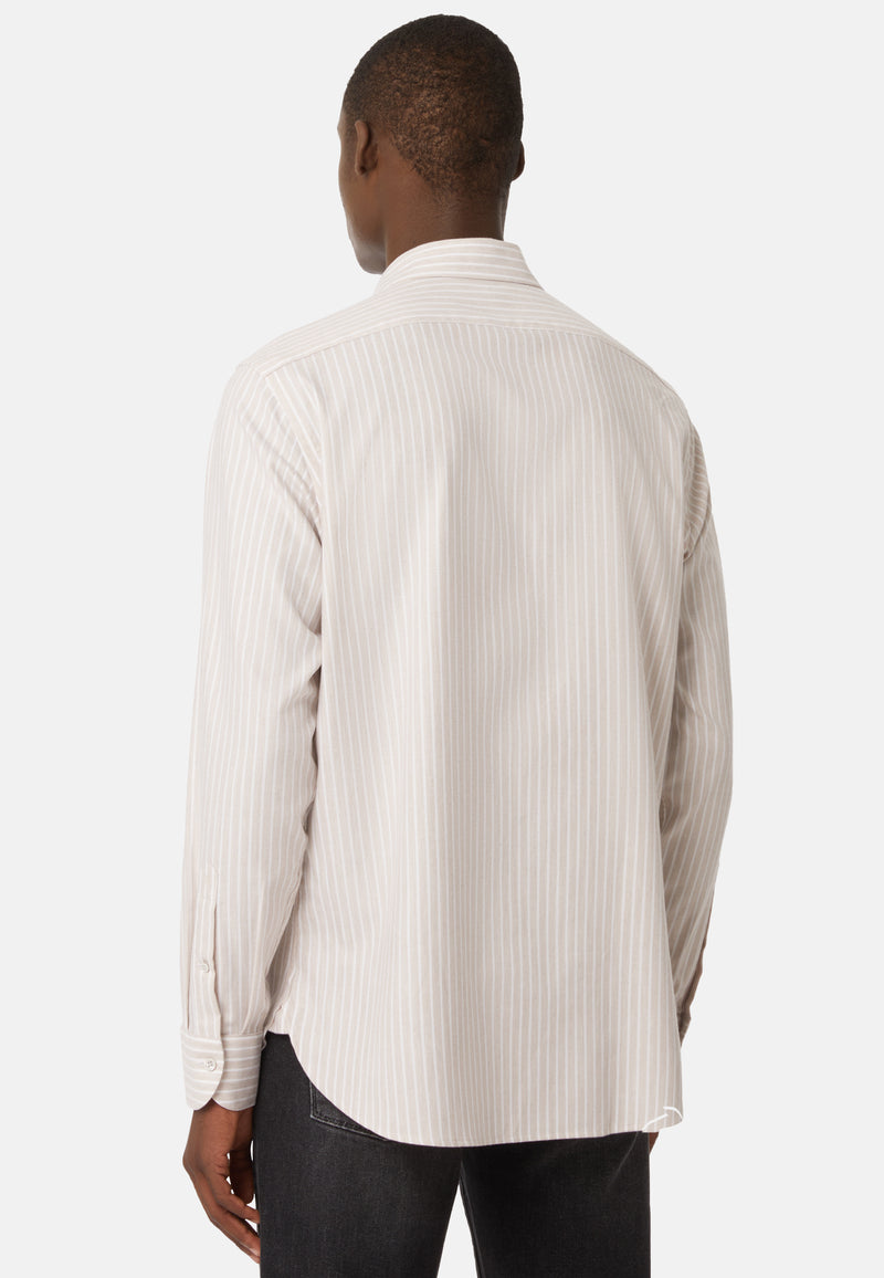 Beige Striped Cotton Tencel Shirt Regular Fit