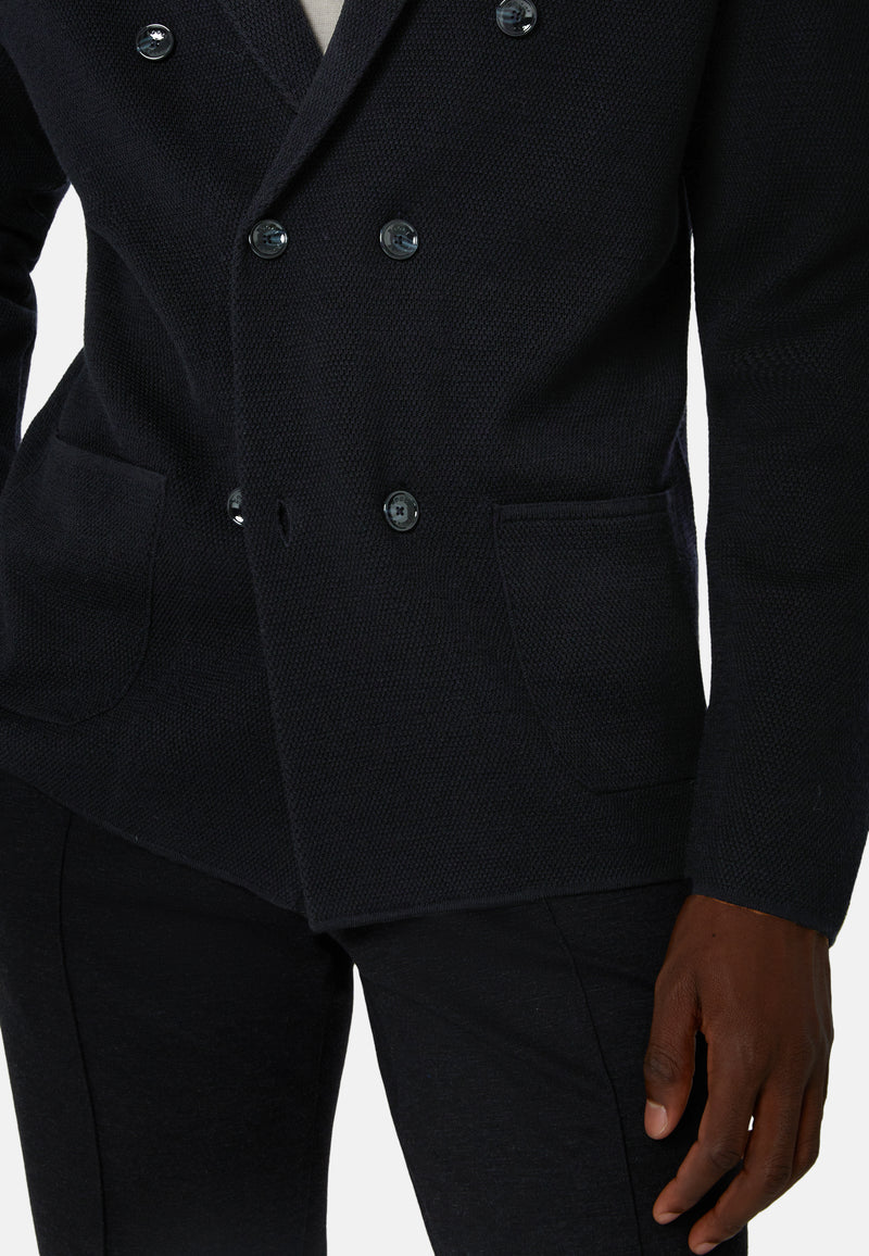 Navy Double-Breasted Knitted Merino Wool Jacket