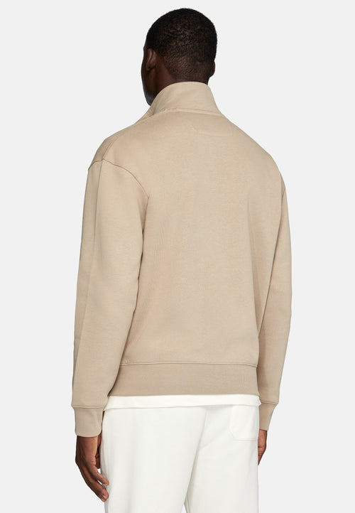 Beige Full Zip Cotton Mock Polo Neck Sweatshirt