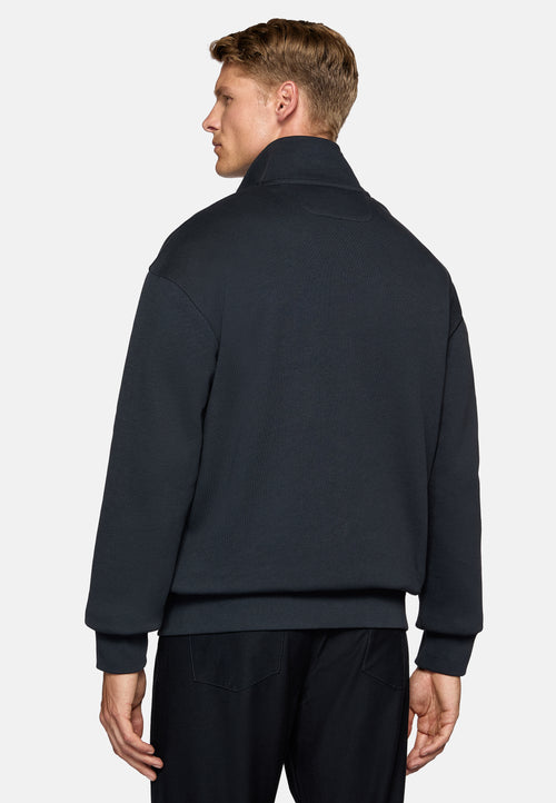 Blue Full Zip Cotton Mock Polo Neck Sweatshirt