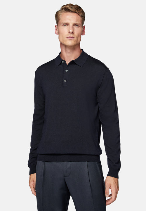 Navy Wool Knitted Polo Shirt