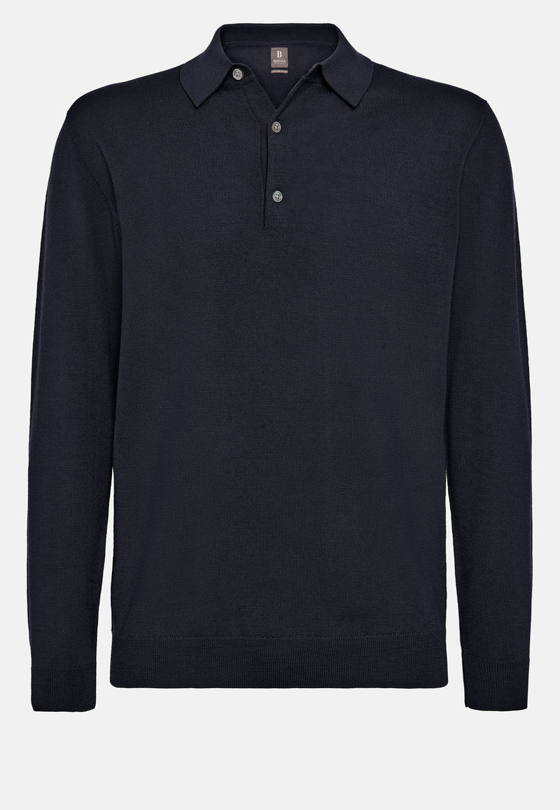 Navy Wool Knitted Polo Shirt