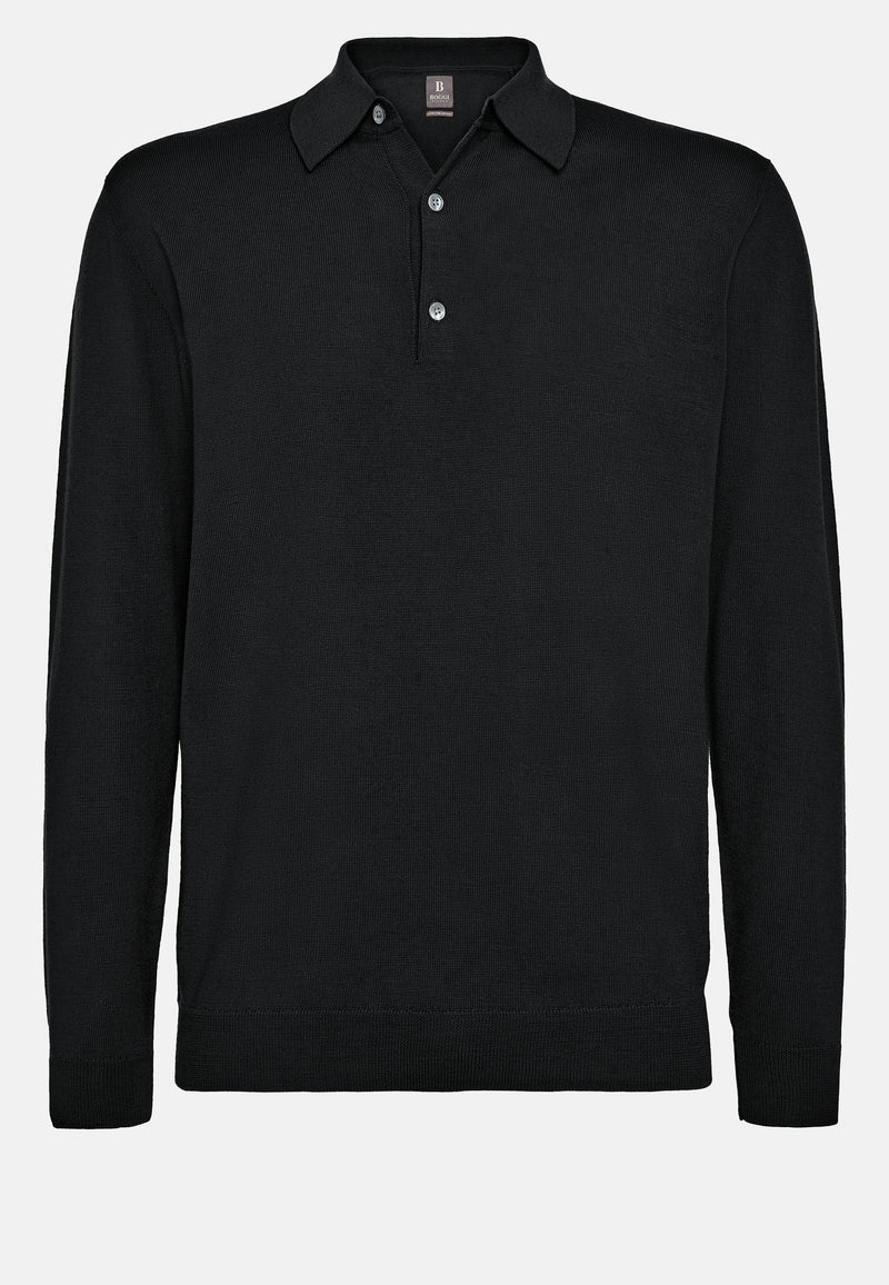 Black Wool Knitted Polo Shirt