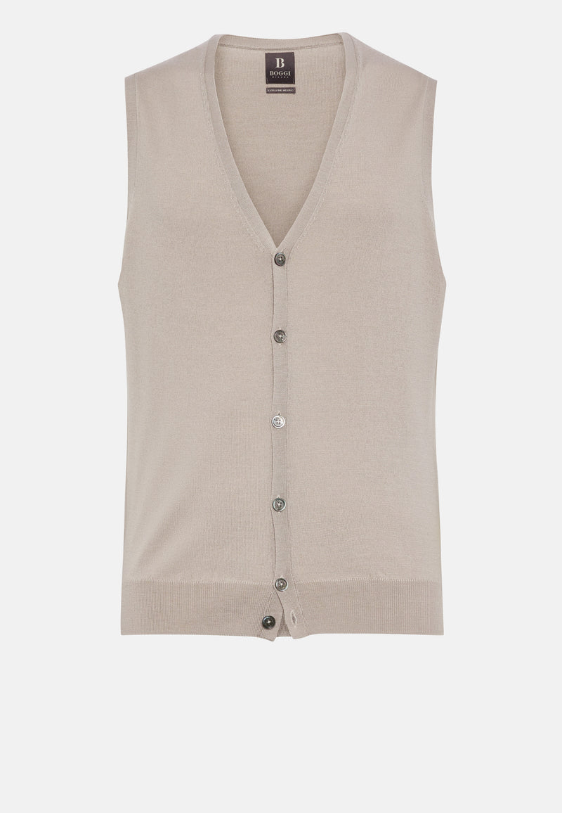 Beige Sand Knitted Waistcoat In Merino Wool