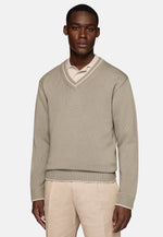 Brown Taupe V Neck Jumper In Organic Cotton Wool