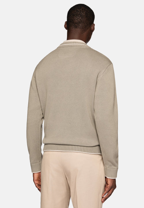 Brown Taupe V Neck Jumper In Organic Cotton Wool