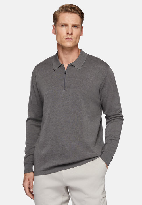 Grey Merino Wool Tech Polo Shirt