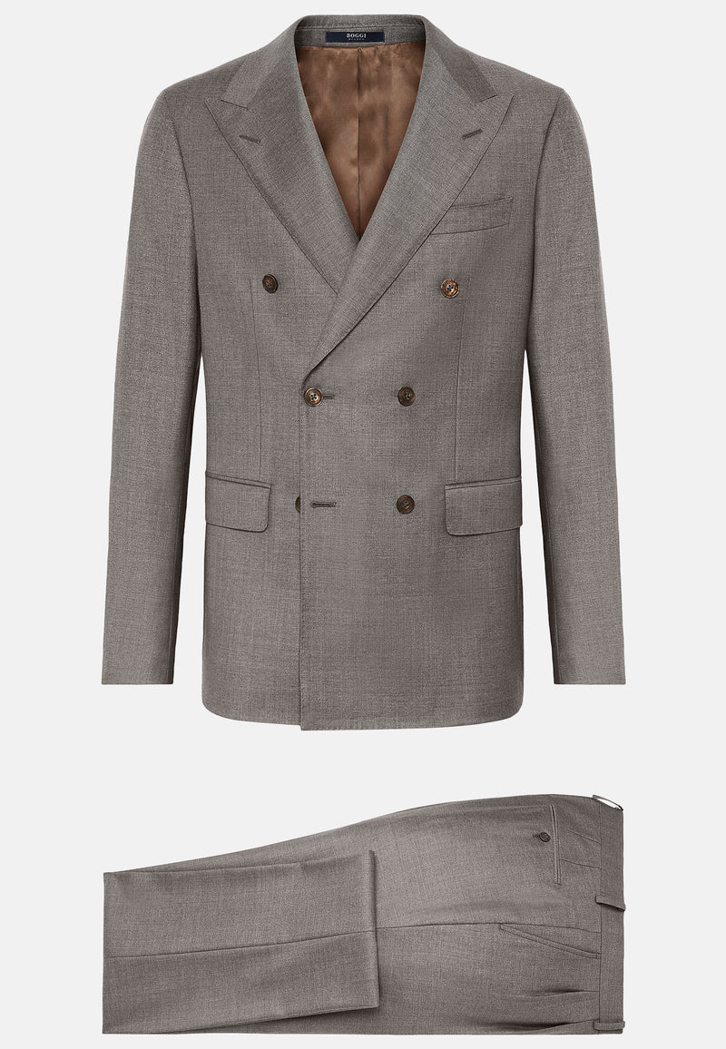 Brown Double-Breasted Dove Grey Suit in Pure Wool