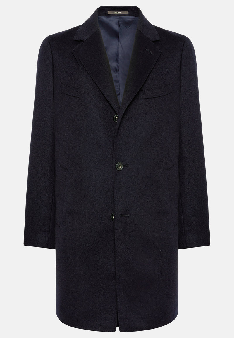 Blue Single-breasted coat in pure cashmere.