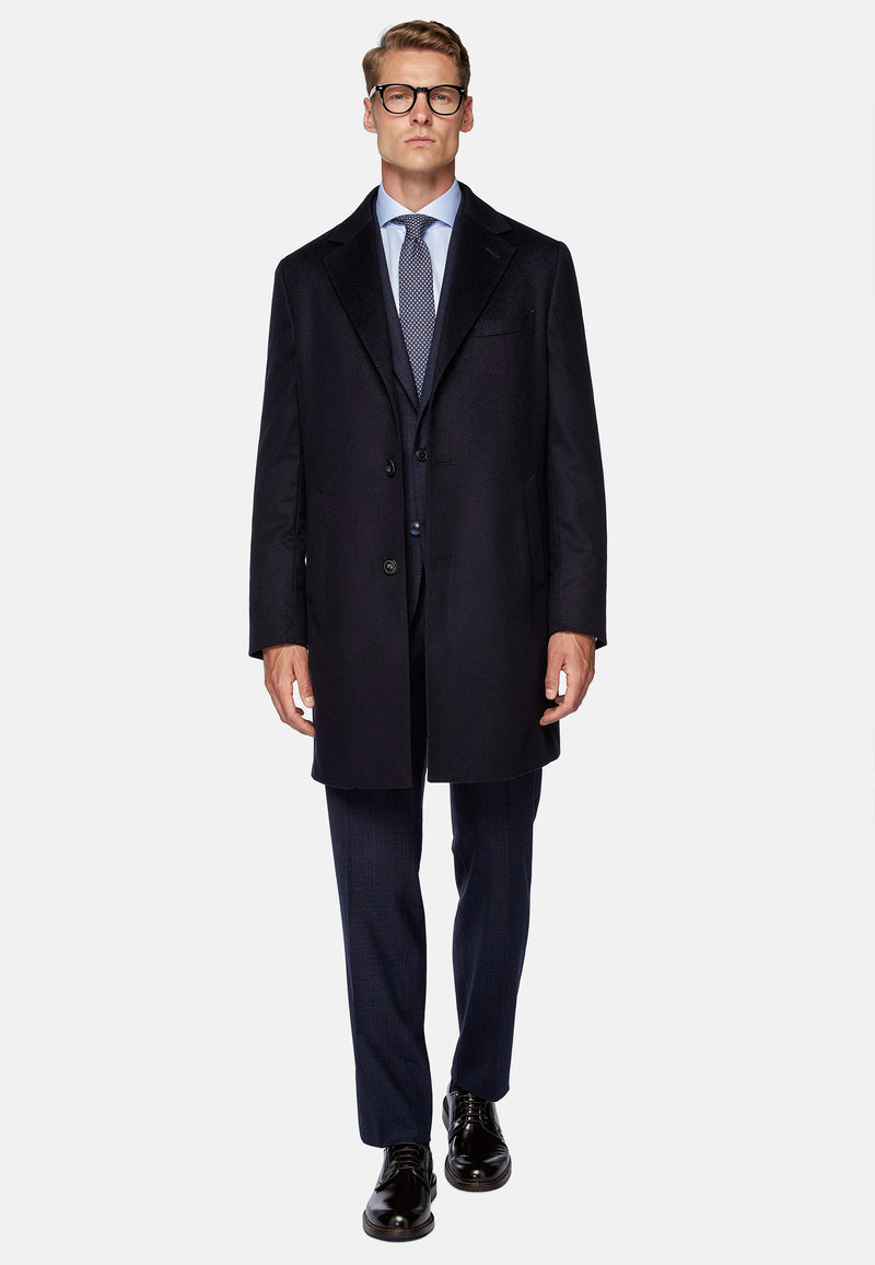 Blue Single-breasted coat in pure cashmere.