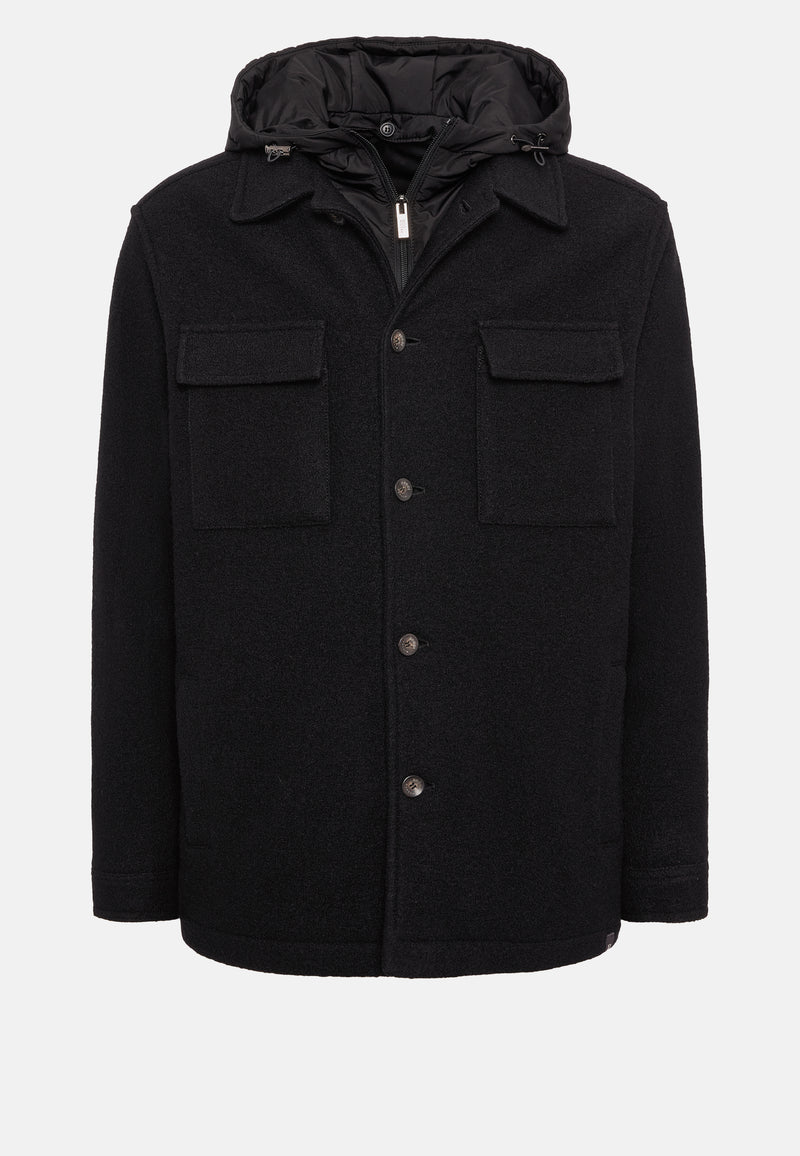 Black Link Shirt Jacket In Wool With Bib