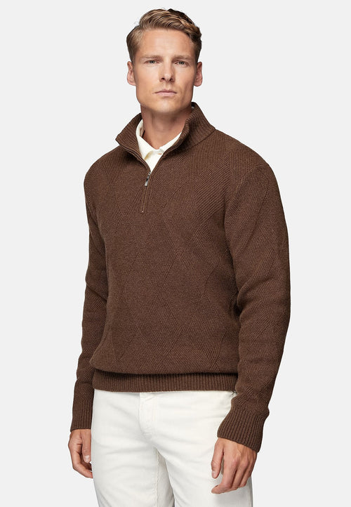 Brown Hazelnut Half Zip Jumper in Nylon Wool