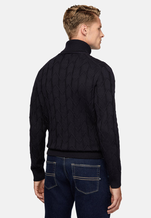 Navy Blue Merino Wool Polo Neck Pullover