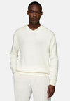 White White V Neck Hoodie In Merino Wool