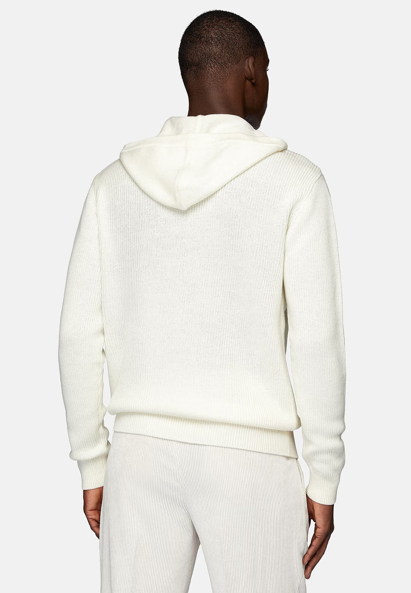 White White V Neck Hoodie In Merino Wool