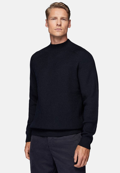 Blue Navy Blue Merino Wool Mock Polo Neck Jumper