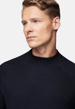 Blue Navy Blue Merino Wool Mock Polo Neck Jumper