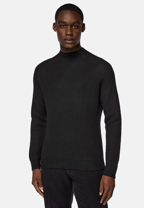 Black Black Merino Wool Mock Polo Neck Jumper