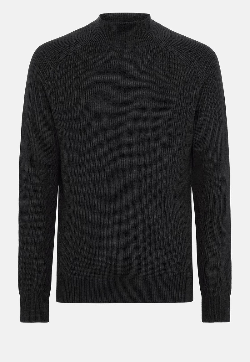 Black Black Merino Wool Mock Polo Neck Jumper