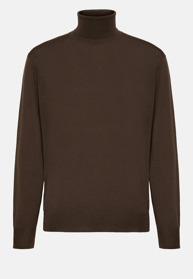 Brown Brown Merino Wool Polo Neck Jumper