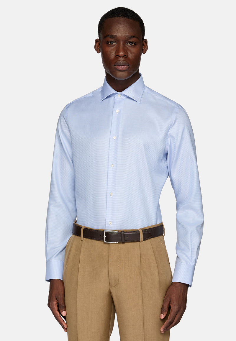 Blue Slim Fit Houndstooth Cotton Dobby Shirt