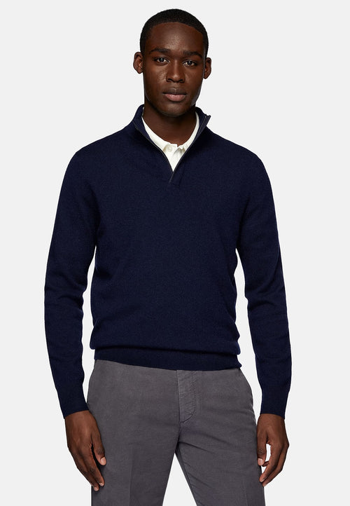 Blue Navy Wool/Cashmere Half Zip Jumper