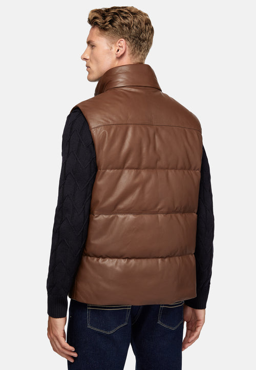 Brown Genuine Leather Gilet With Down Padding