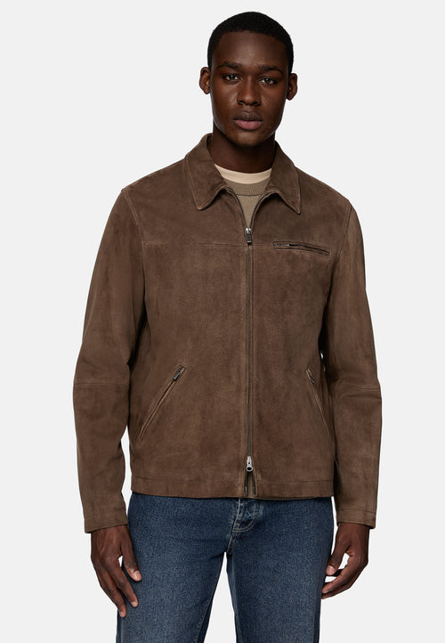 Brown Bomber Jacket in Genuine Suede Leather