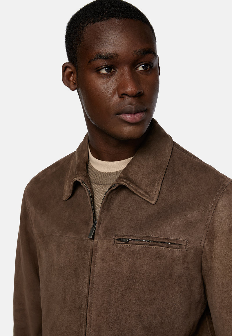 Brown Bomber Jacket In Genuine Suede Leather