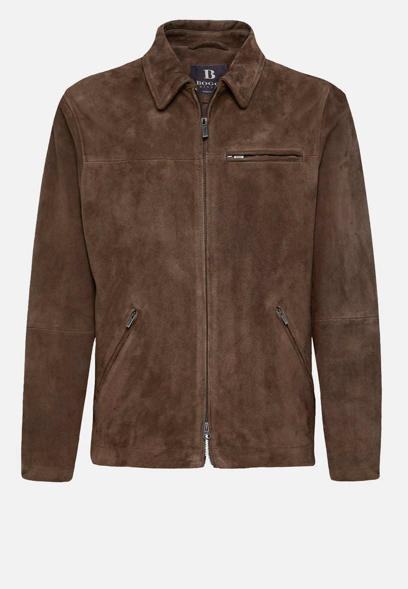 Brown Bomber Jacket In Genuine Suede Leather