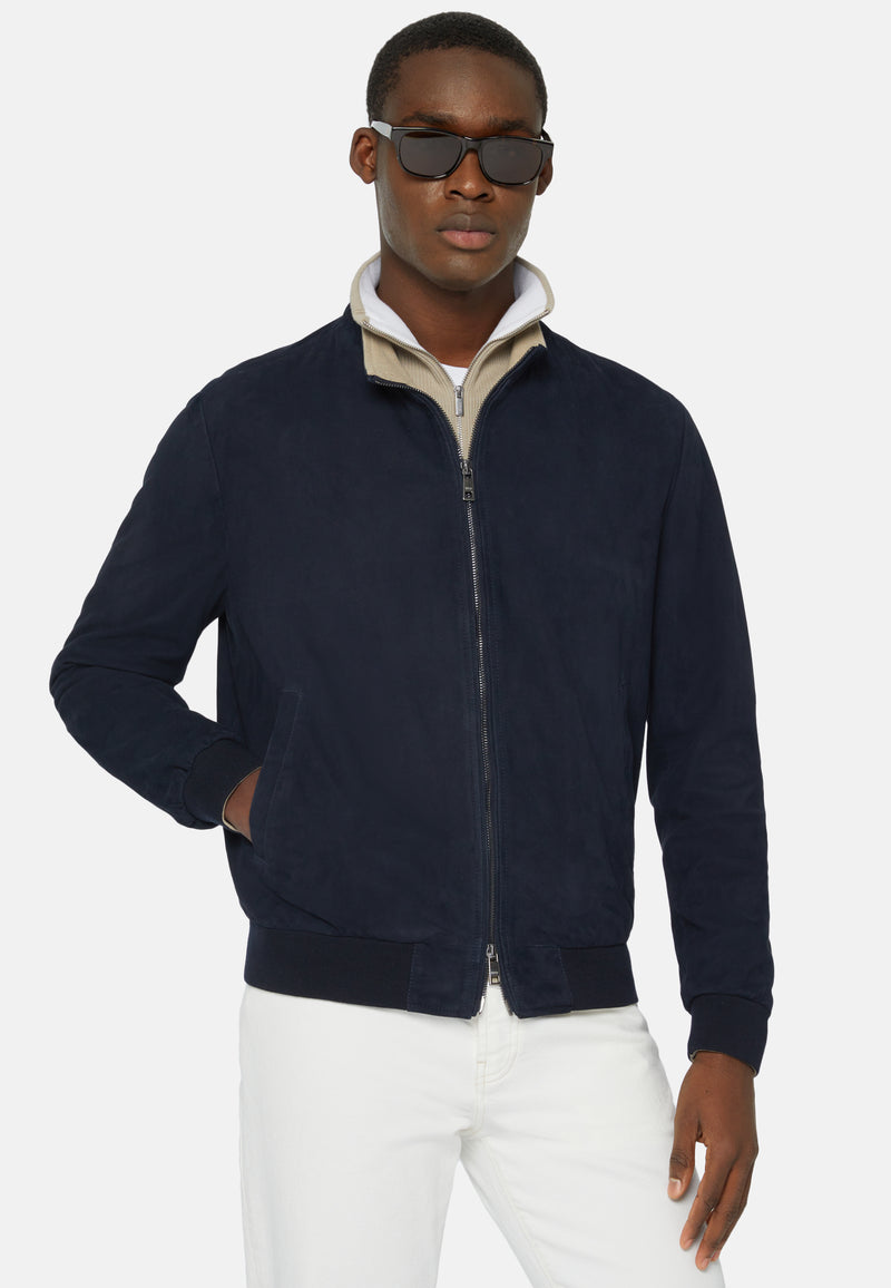Navy Bomber Jacket In Genuine Suede Leather