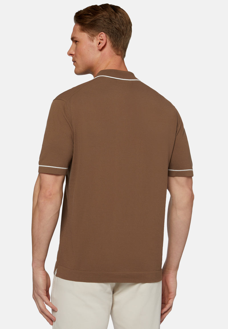 Brown Cotton Crepe Knit Polo Shirt