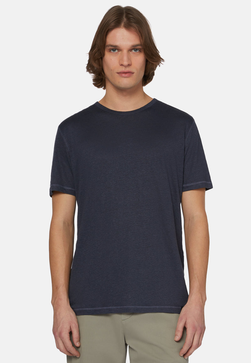 Navy Stretch Linen Jersey T-Shirt