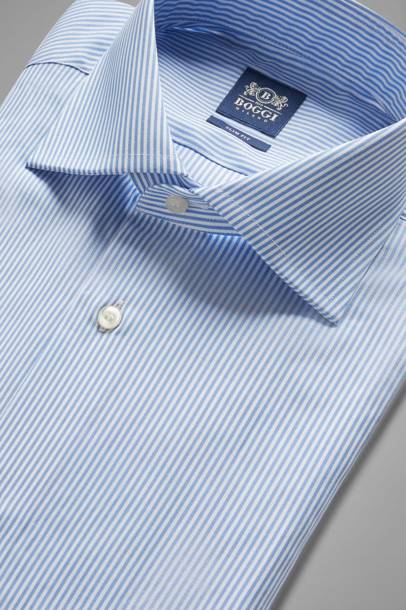 Slim Fit Sky Blue Striped Shirt With Windsor Collar