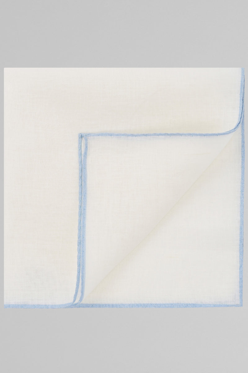 White Pure Linen Pocket Square With Sky Blue Border