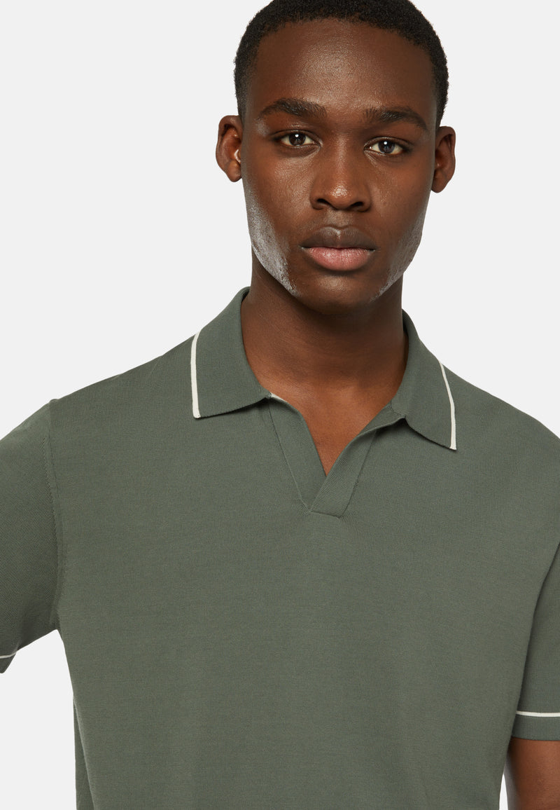 Green Cotton Crepe Knit Polo Shirt